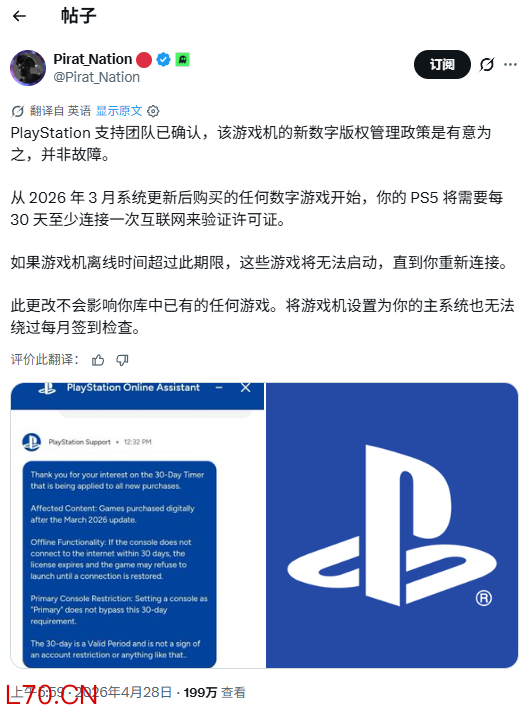 索尼确认：新购入数字版游戏需每30天联网验证一次